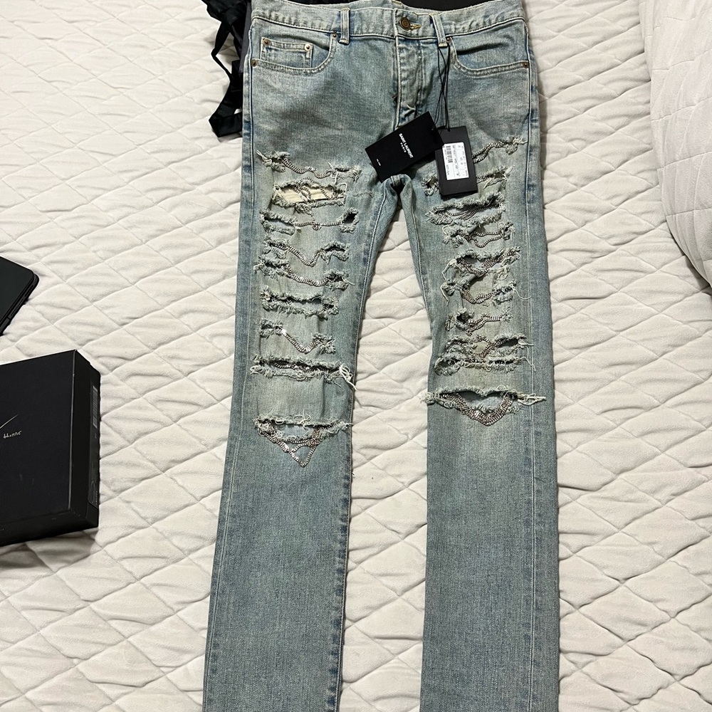 YSL Saint Laurent Paris Blue Distressed Skinny Chain Jeans